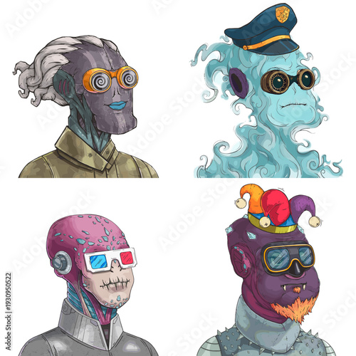 Funny alien avatar pack of dreadlocked hunter, ghostly undead phantom, pink crystal empath and purple spiked punk editable digital character set