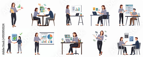 Illustration Set of Business People Discussing Chart and Graphs, Office Activity