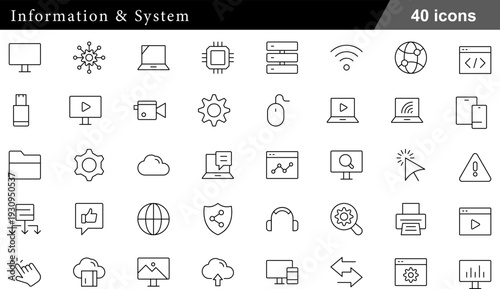 Information and System Thin Line Icons Set Digital Infrastructure, Hardware Interfaces, Network Connectivity, Data Management and Cybersecurity Symbols for IT