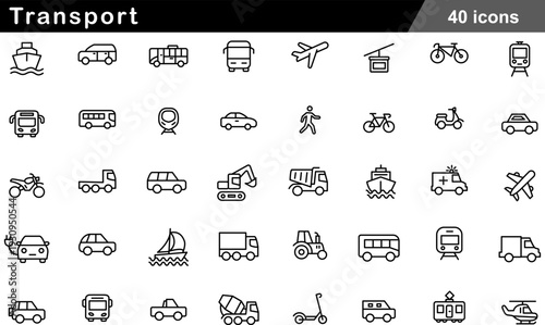 Transport Thin Line Icons Set Global Logistics, Urban Mobility, Heavy Machinery, Public Transit and Eco Friendly Vehicle Symbols for Infrastructure