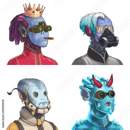 Cool alien avatar pack of red cyberpunk officer, crystal glowing sorcerer, yellow augmented engineer and blue frozen golem vector cartoon illustration set