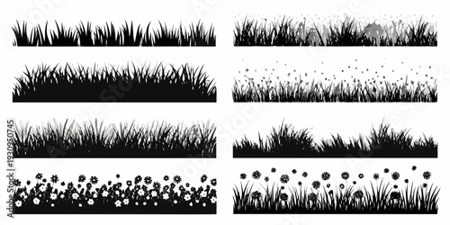 Black silhouettes of grass flowers and dandelion seed heads