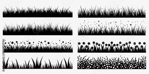 Black silhouettes of grass dandelions and wildflowers on white background
