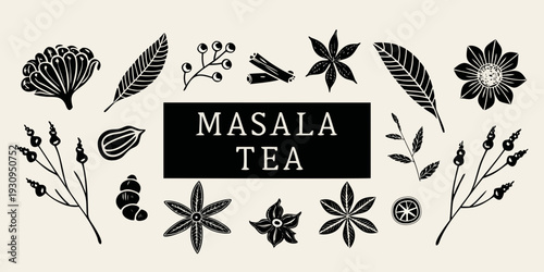 Masala tea illustration with botanical elements and spice depictions