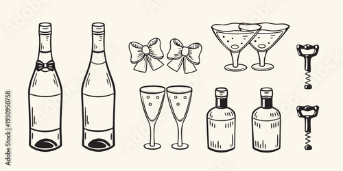 Celebration elements champagne wine glasses bows and corkscrews illustration
