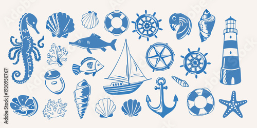 A collection of blue nautical elements including shells boats and sea creatures