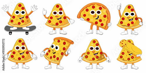 Cartoon pizza slices with faces are shown in various playful poses