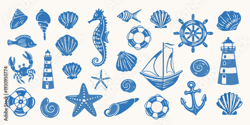 Collection of blue nautical illustrations featuring shells boats and sea life