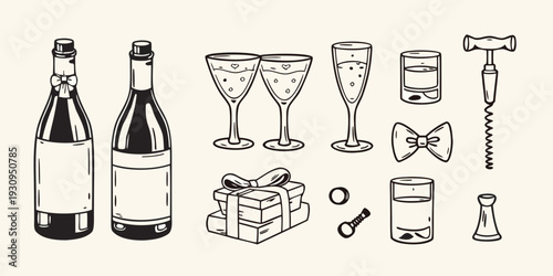 Celebratory doodles featuring champagne gifts and bar accessories