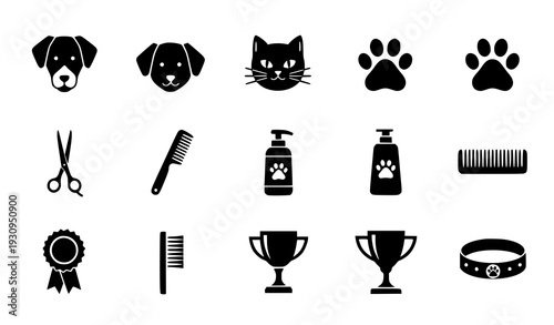 Black pet grooming and award icon collection with dog cat paw trophy and care symbols isolated on transparent background