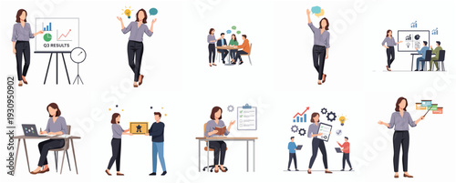 Flat Design Businesswoman Presentation and Teamwork Illustration Set for Corporate Use