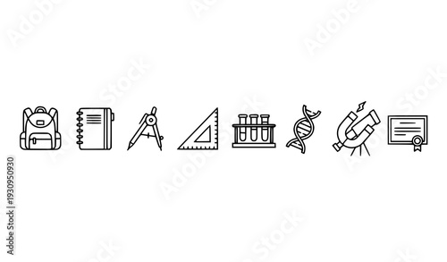 Modern education and laboratory outline icons with school backpack geometry tools DNA and telescope symbols isolated on transparent background