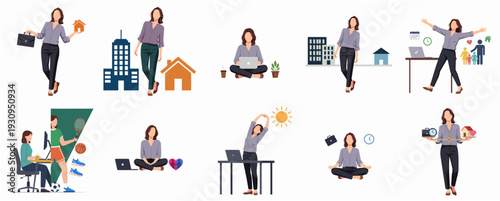 Flat Illustration Collection of Woman in Daily Life and Work Activities