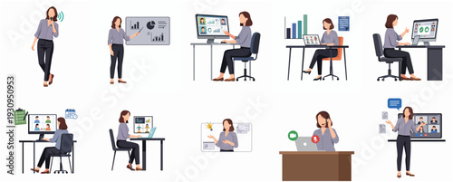 Flat Design Businesswoman Using Computer and Presenting Statistic Data Illustration