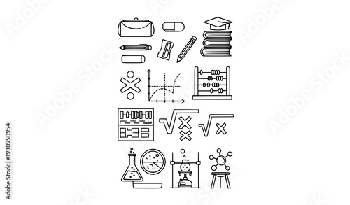 Comprehensive education and science outline icon collection with school supplies math symbols and laboratory equipment isolated on transparent background