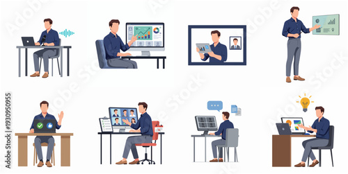 Flat Illustration Set of Man Working from Home Office Situation
