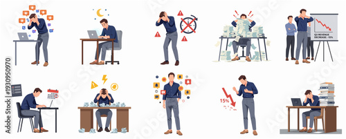 Flat Illustration Set of Stressed and Overworked Businessman in Different Situation