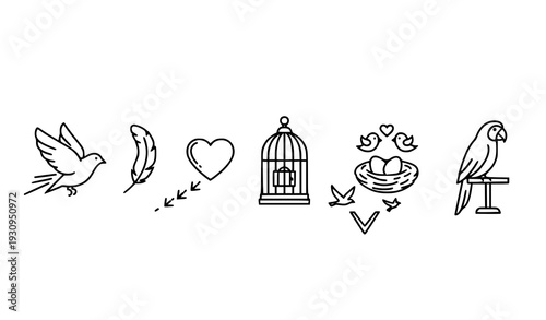 Modern bird line icon set with flying wings footprints feather love birds cage nest and parrot symbols isolated on transparent background