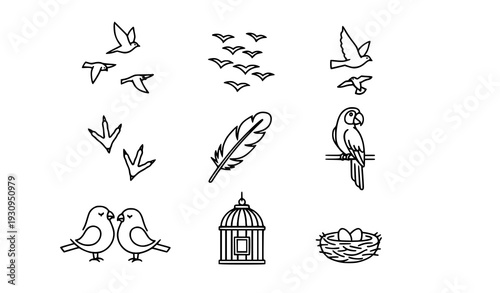 Comprehensive bird outline icon collection with flying flock footprints feather cage nest eggs and parrot isolated on transparent background