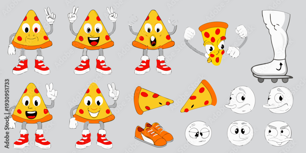 Obraz premium Cartoon pizza slices with faces and accessories in a character sheet style