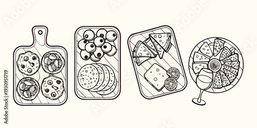 Four wooden cutting boards displaying various food arrangements in line art