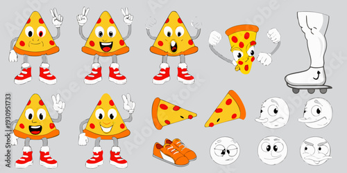Cartoon pizza slices with faces and accessories in a character sheet style