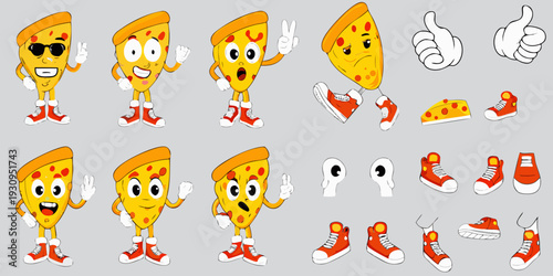 Animated pizza slices with expressive faces and various poses plus accessories