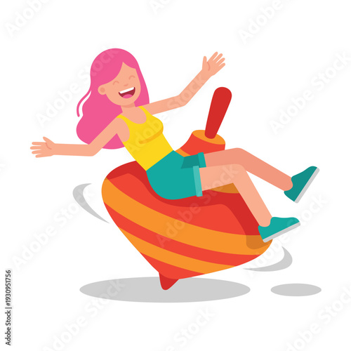 Happy Girl Riding a Spinning Top Toy.