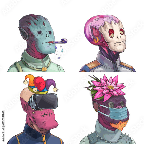 Wild alien avatar pack of pale multifaceted oracle, big-brained psychic, red horned demon and purple spiked punk editable digital character set