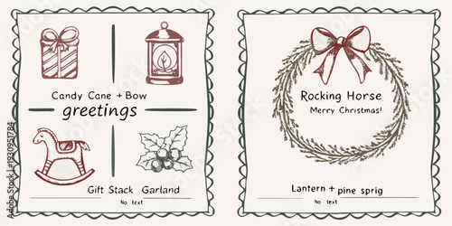 Four vintage style christmas cards with illustrations and festive greetings