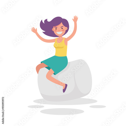 Happy Woman Jumping on a Giant Marshmallow.