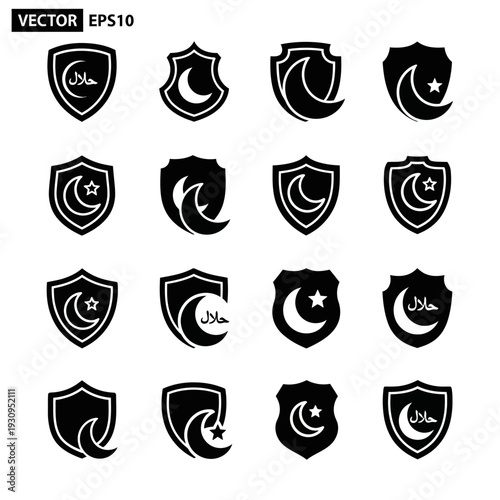 Collection of Pakistani flag emblems in shield shapes.