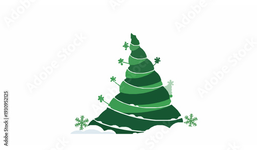 Whimsical abstract green Christmas tree with star and snow flat vector illustration isolated on white background