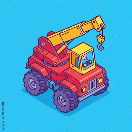 Isometric Red Crane Truck Toy Illustration.