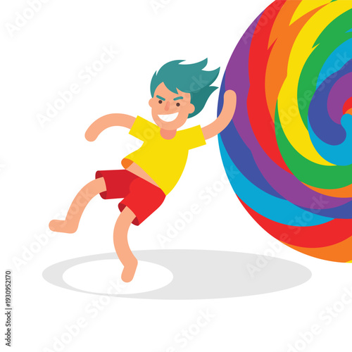 Joyful Boy Dancing with Giant Rainbow Lollipop.