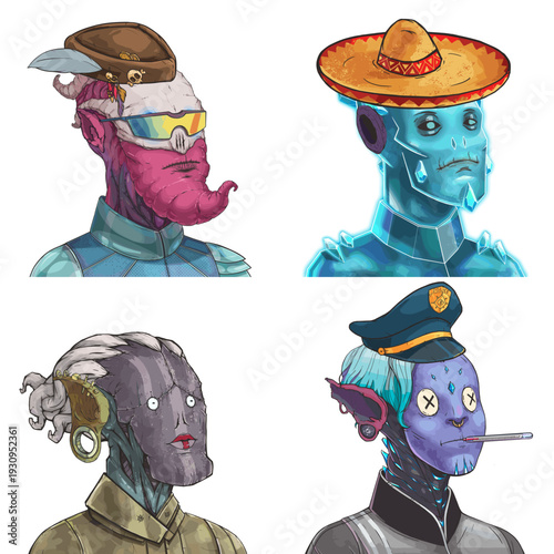 Quirky alien avatar pack of pink strange scout, blue frozen golem, dreadlocked hunter and crystal glowing sorcerer vector cartoon illustration set