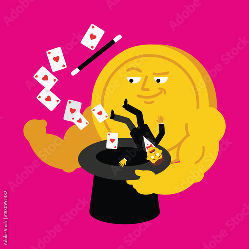 Magician coin character pulling man from hat with cards.