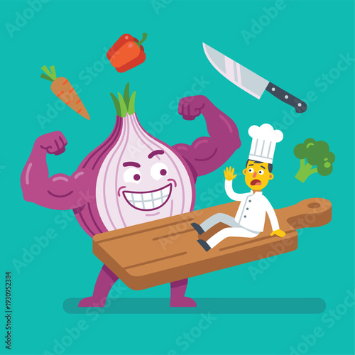 Strong Onion Character Overpowers Chef on Cutting Board.