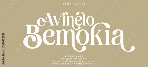 Avinelo Bemokia,premium luxury elegant alphabet letters and numbers. Vintage wedding typography classic serif font decorative vintage retro. creative vector illustration
