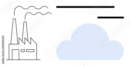Air pollution, climate change, industrial emissions, sustainable development, environment, eco-awareness. Illustration of factory smoking chimneys and cloud. Air pollution and climate change