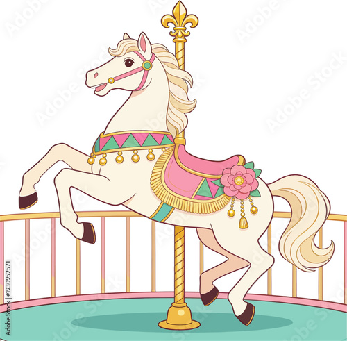 Adorable Cartoon Carousel Horse Rearing on Merry-Go-Round with Pink Saddle Rose and Teal Platform Fence, Carnival Vector Art