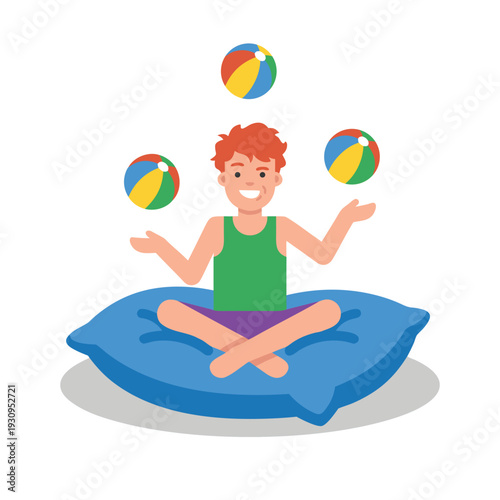 Man Juggling Balls While Sitting on Pillow.