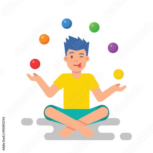 Man Juggling Colorful Balls While Sitting Cross-legged.
