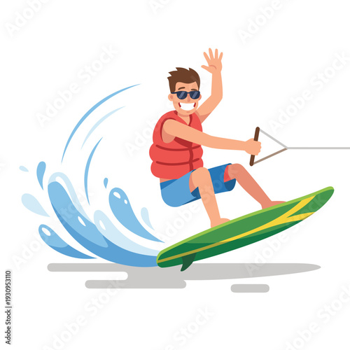 Man Wakeboarding on a Green Board with a Life Vest.