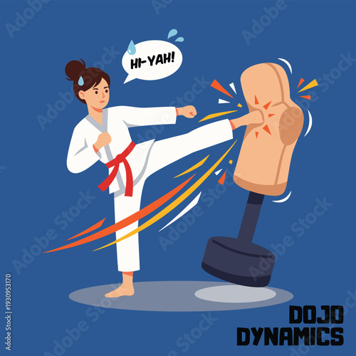 Martial Arts Woman Kicking Punching Bag.