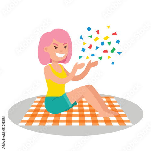Woman Sitting on Blanket Throwing Confetti.