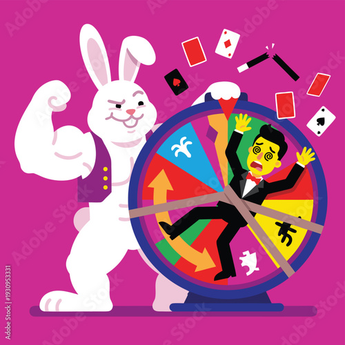 Mascot Rabbit Spins Wheel of Misfortune for Scared Magician.