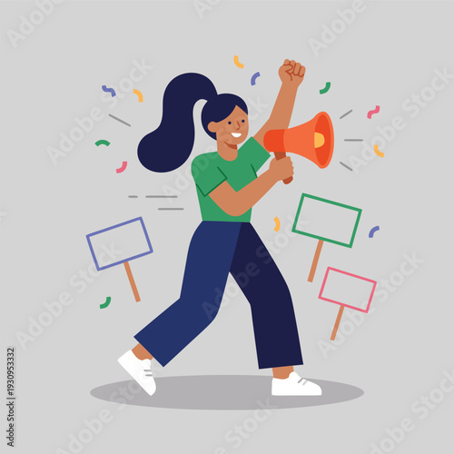 Woman with Megaphone Leading a Protest.