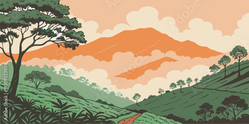 Scenic forest hills with warm sunset tones representing tranquil nature environment, countryside landscape, eco tourism destination, and outdoor background illustration.