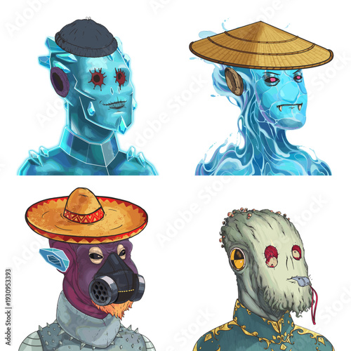 Funny alien avatar pack of blue frozen golem, blue liquid elemental, purple spiked punk and green mushroom druid scalable avatar illustration set